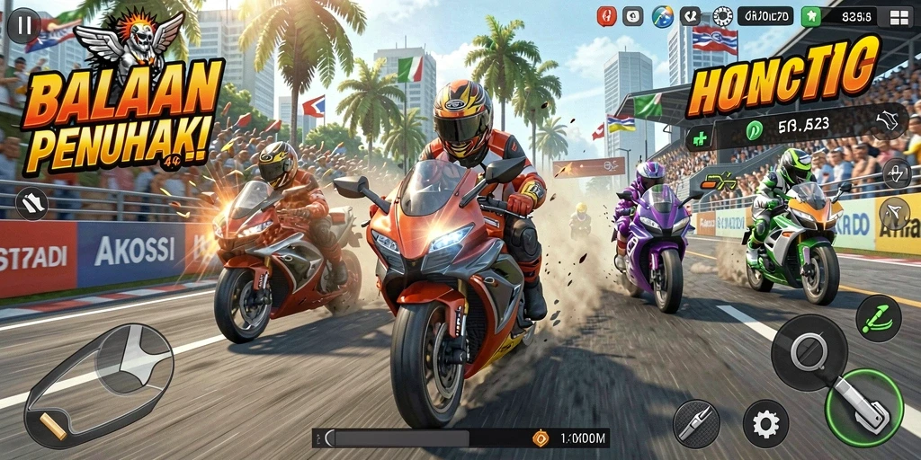 Screenshot gameplay D06 yang menampilkan aksi balapan motor yang mendebarkan.