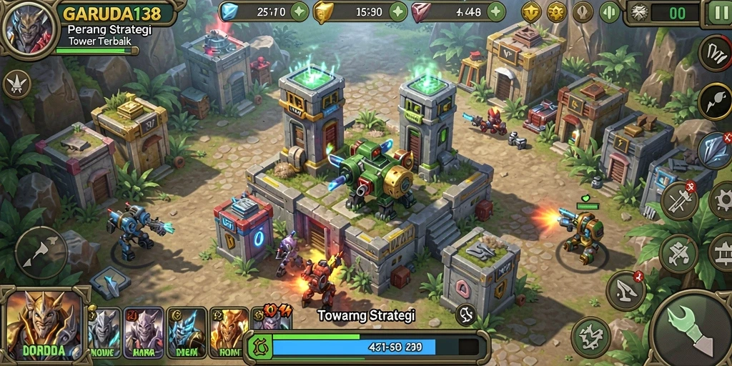 Tampilan gameplay menegangkan dari GARUDA138 dalam aksi Tower Defense.
