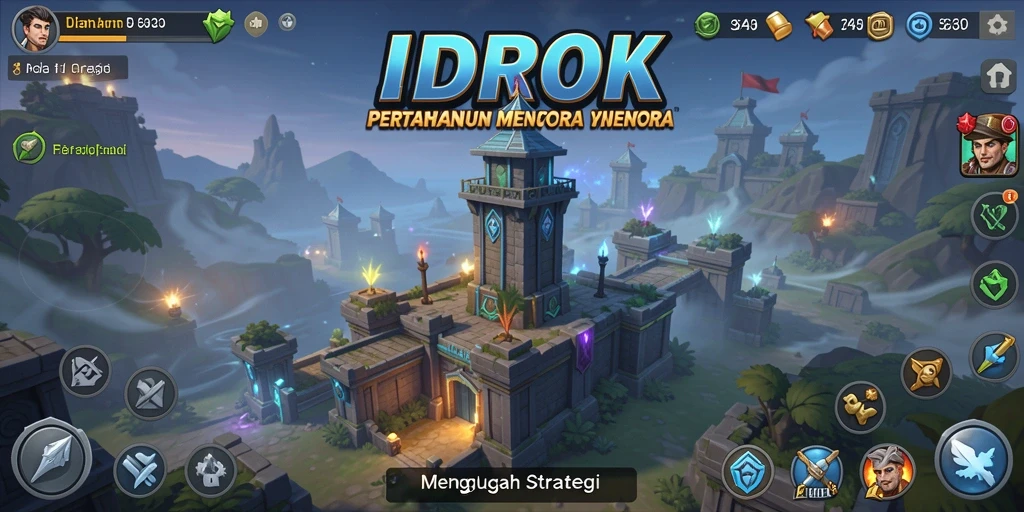 Screenshot gameplay <strong>IDROK</strong> menunjukkan pertahanan menara yang strategis dan serangan musuh.