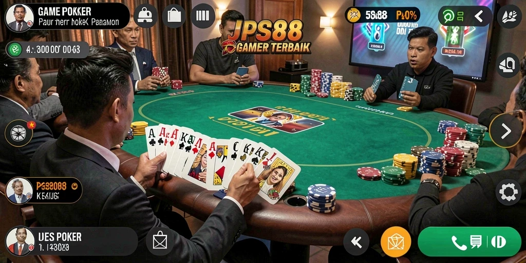 Screenshot gameplay Poker JPS88 yang menunjukkan suasana pertandingan yang seru.