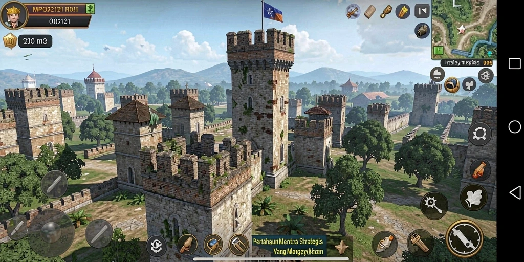 Tampilan gameplay MPO2121 dengan menara dan musuh yang beragam.